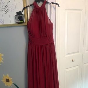 Highneck floor length burgundy dress w/ slit